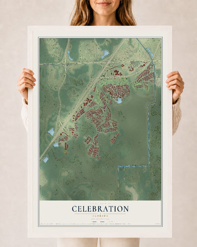 Celebration, Florida map print, 24" x 36" W/ White Ayous Wood Frame mockup