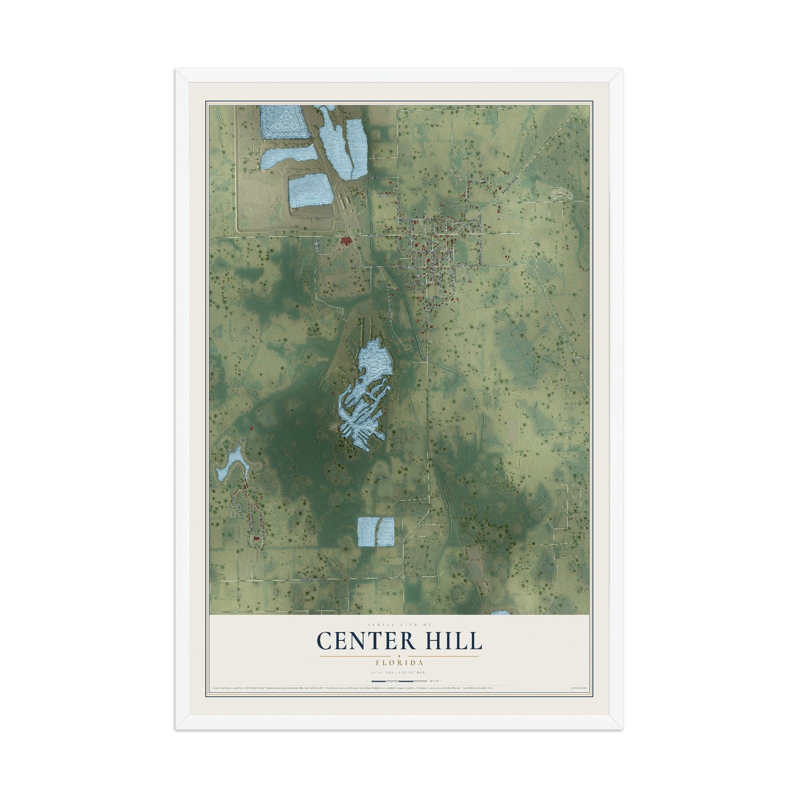 Center Hill, Florida map print, 12" x 18" W/ White Ayous Wood Frame mockup