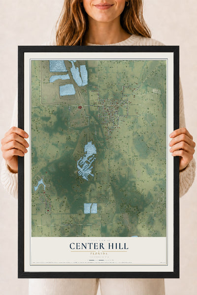 Center Hill, Florida map print, 18" x 24" W/ Black Ayous Wood Frame mockup