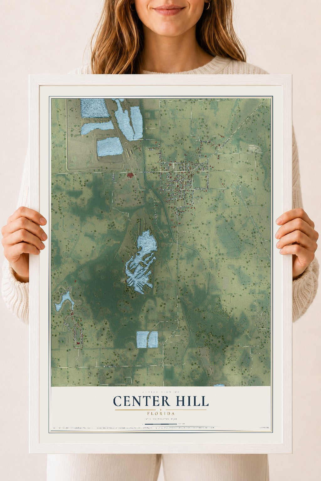 Center Hill, Florida map print, 18" x 24" W/ White Ayous Wood Frame mockup