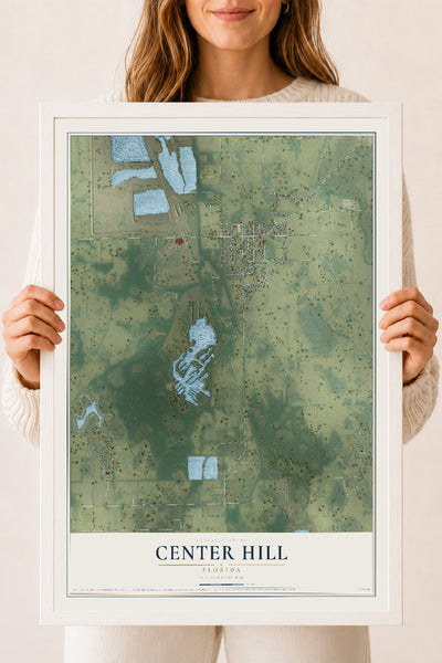 Center Hill, Florida map print, 18" x 24" W/ White Ayous Wood Frame mockup