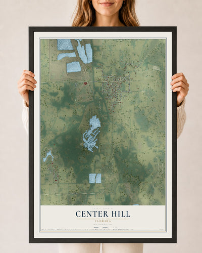 Center Hill, Florida map print, 24" x 36" W/ Black Ayous Wood Frame mockup