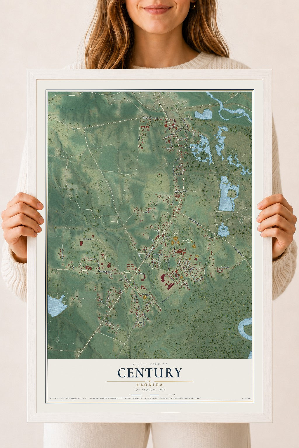Century, Florida map print, 18" x 24" W/ White Ayous Wood Frame mockup