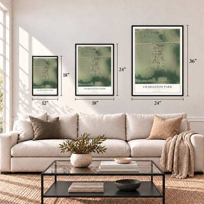 Charleston Park, Florida map in 12 x 18, 18 x 24 and 24 x 36 inch sizes above a sofa
