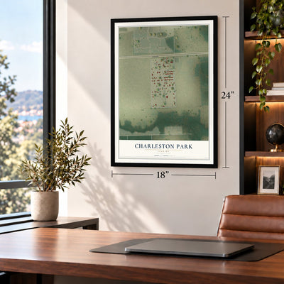 Charleston Park, Florida map, 18 x 24 inch print in a black frame in a home office