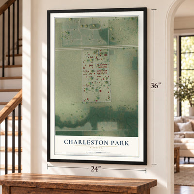 Charleston Park, Florida map, 24 x 36 inch print in a black frame by a staircase