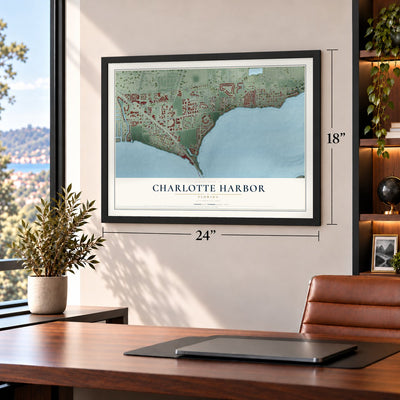 Charlotte Harbor, Florida map, 18 x 24 inch print in a black frame in a home office
