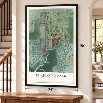 Charlotte Park, Florida map, 24 x 36 inch print in a black frame by a staircase