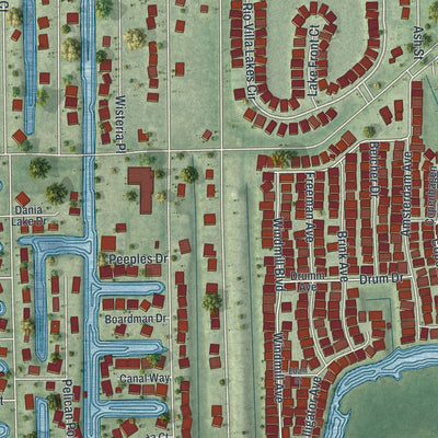 Close-up of the map of Charlotte Park, Florida print showing street and building detail