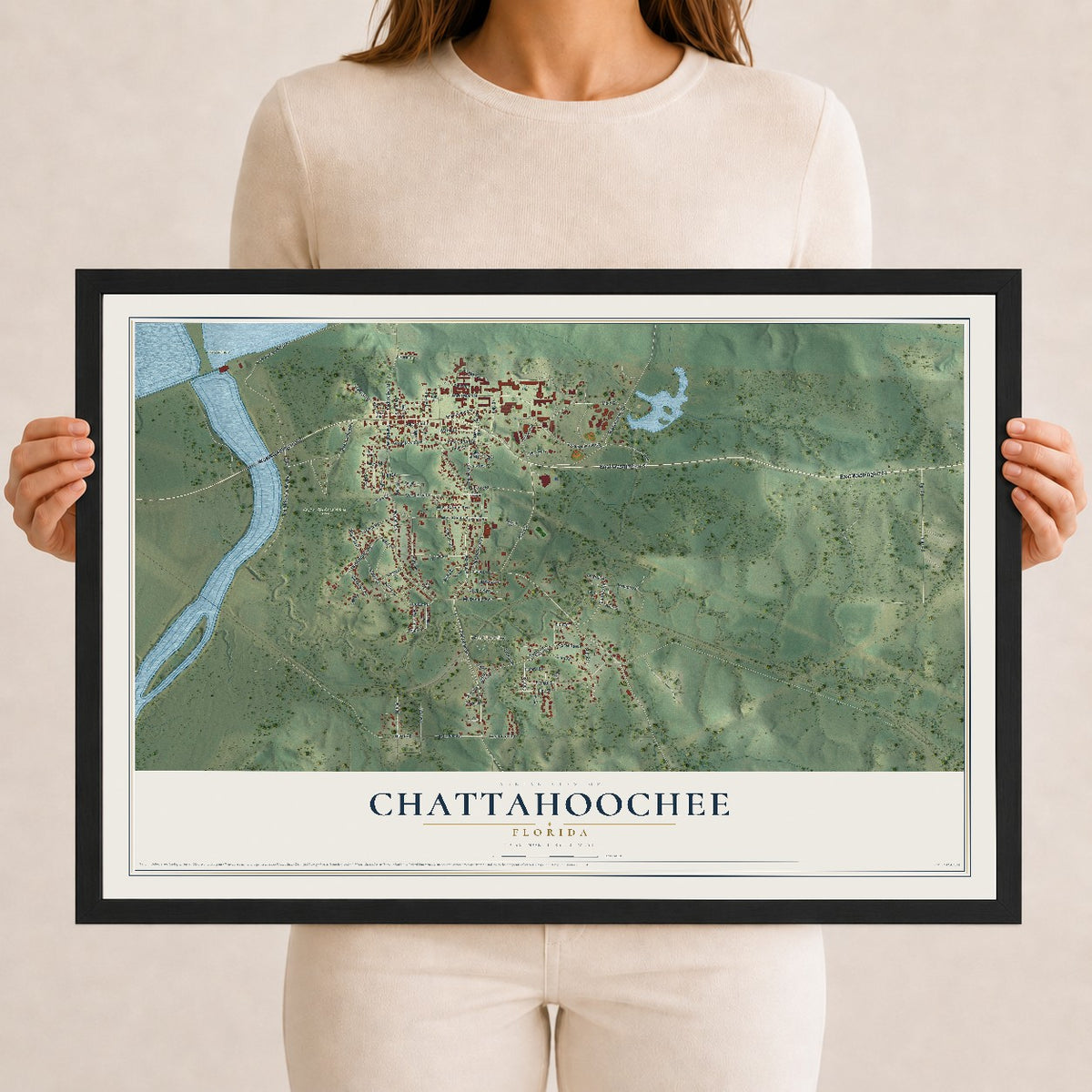 Chattahoochee, Florida map print, 12" x 18" W/ Black Ayous Wood Frame mockup