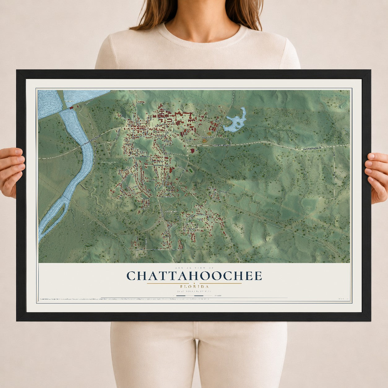 Chattahoochee, Florida map print, 18" x 24" W/ Black Ayous Wood Frame mockup