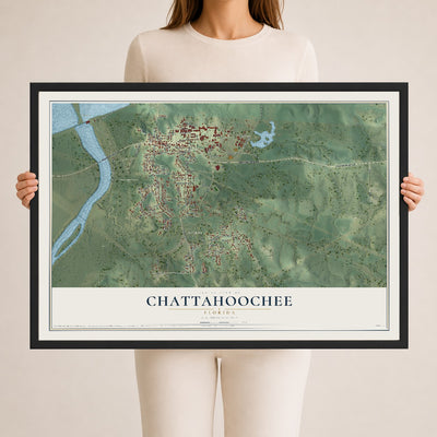 Chattahoochee, Florida map print, 24" x 36" W/ Black Ayous Wood Frame mockup