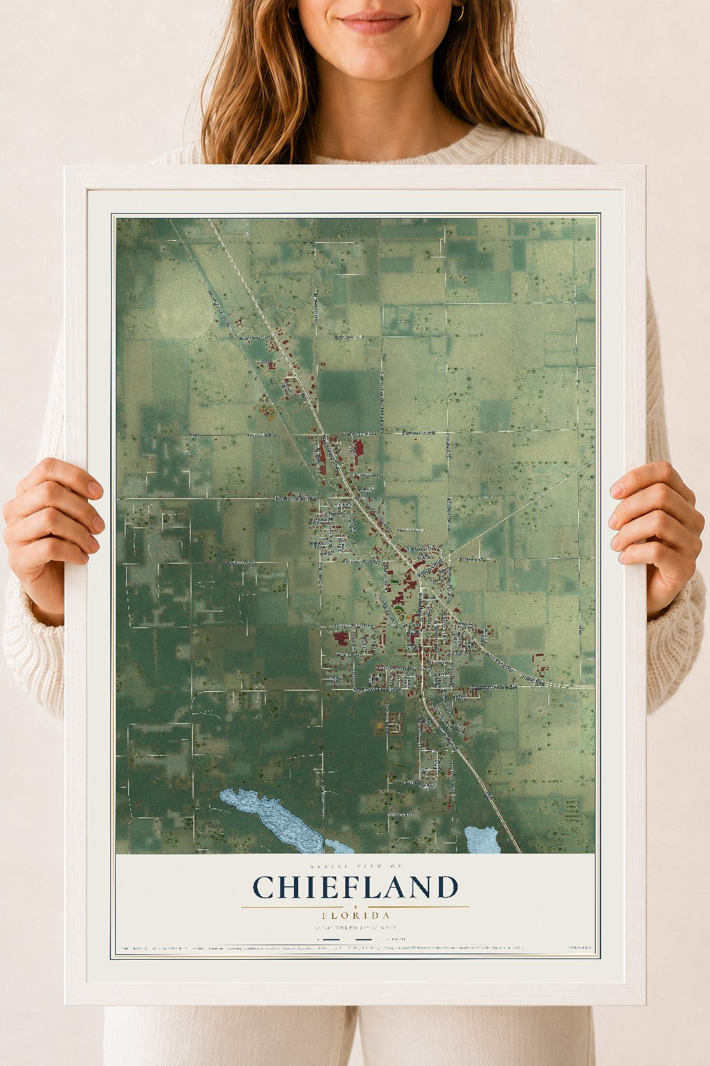 Chiefland, Florida map print, 18" x 24" W/ White Ayous Wood Frame mockup