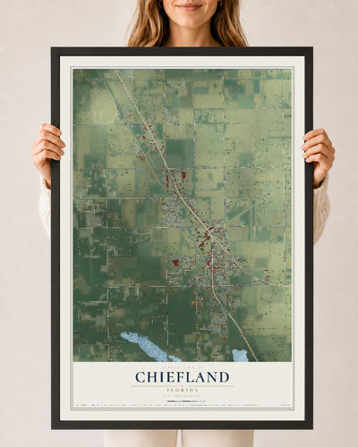 Chiefland, Florida map print, 24" x 36" W/ Black Ayous Wood Frame mockup