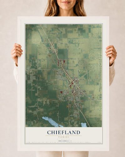 Chiefland, Florida map print, 24" x 36" W/ White Ayous Wood Frame mockup