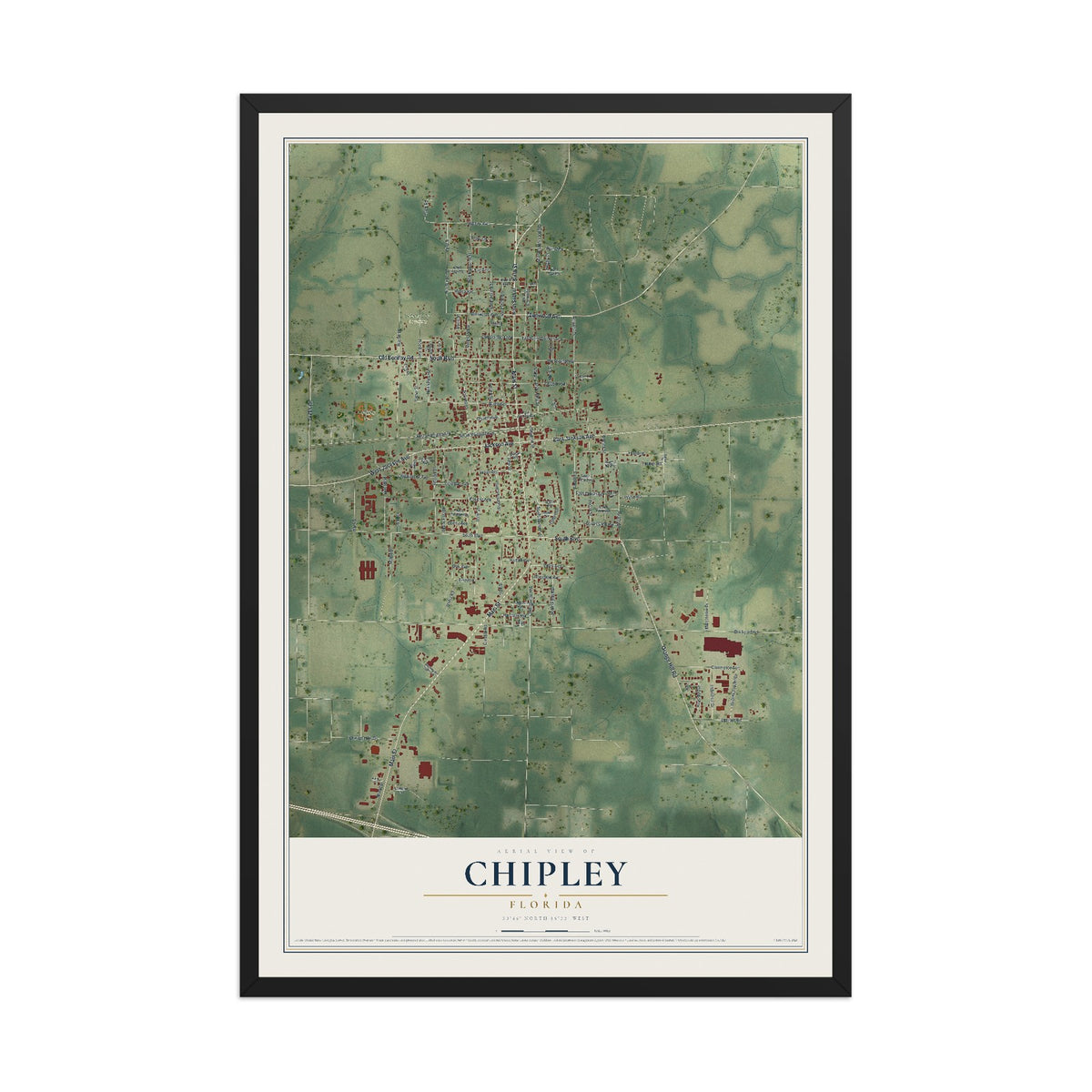 Chipley, Florida map print, 12" x 18" W/ Black Ayous Wood Frame mockup