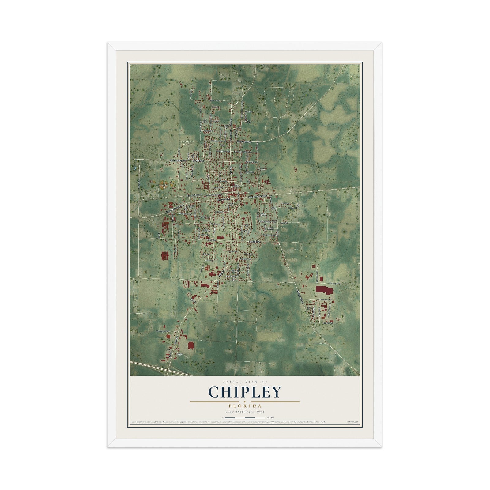 Chipley, Florida map print, 12" x 18" W/ White Ayous Wood Frame mockup