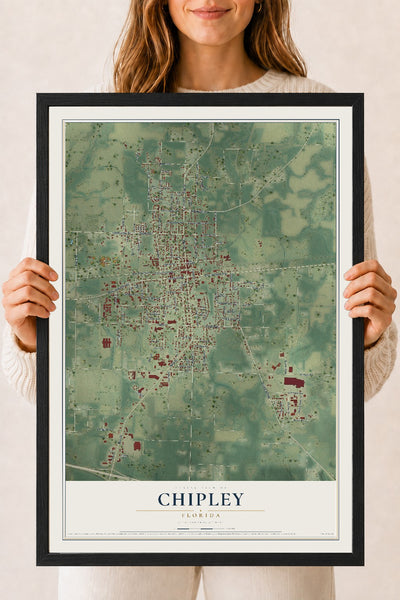 Chipley, Florida map print, 18" x 24" W/ Black Ayous Wood Frame mockup