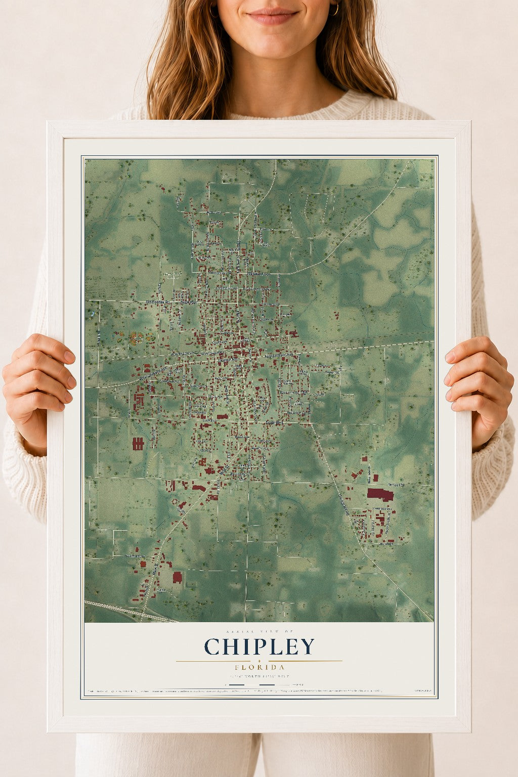 Chipley, Florida map print, 18" x 24" W/ White Ayous Wood Frame mockup