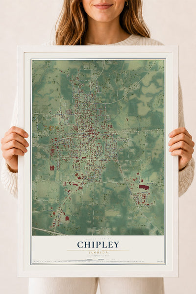 Chipley, Florida map print, 18" x 24" W/ White Ayous Wood Frame mockup