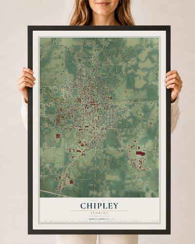 Chipley, Florida map print, 24" x 36" W/ Black Ayous Wood Frame mockup