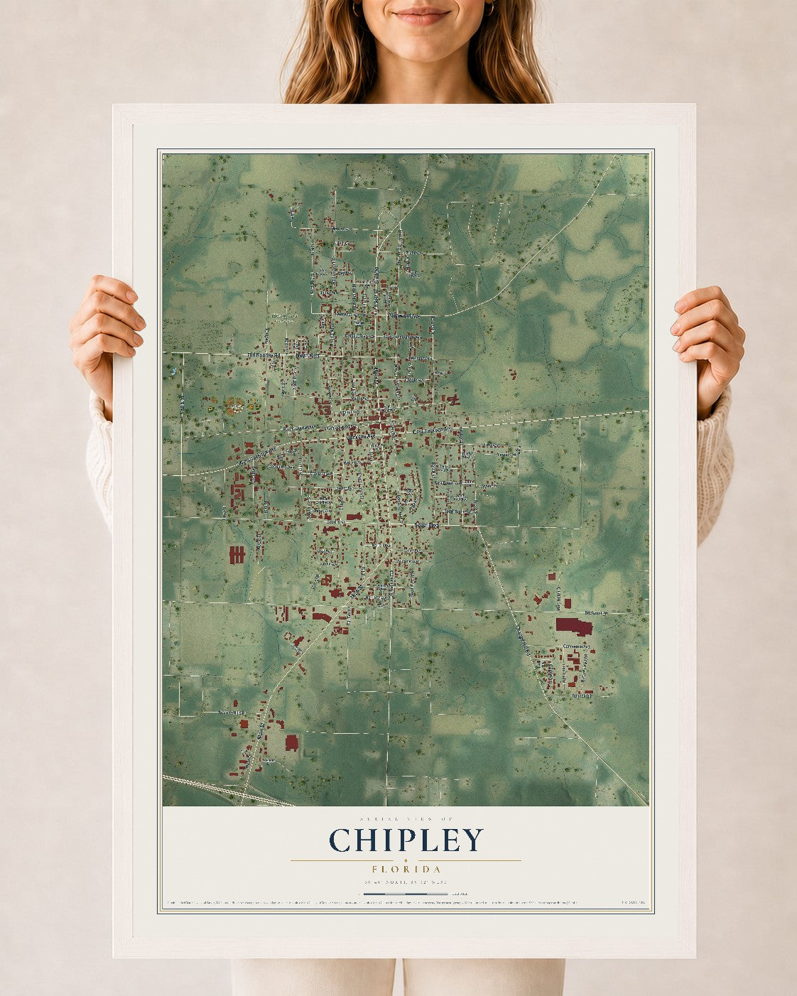 Chipley, Florida map print, 24" x 36" W/ White Ayous Wood Frame mockup