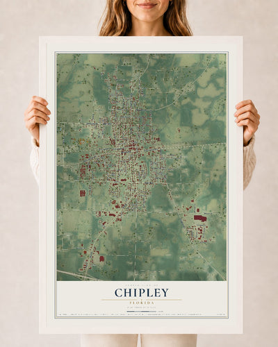 Chipley, Florida map print, 24" x 36" W/ White Ayous Wood Frame mockup