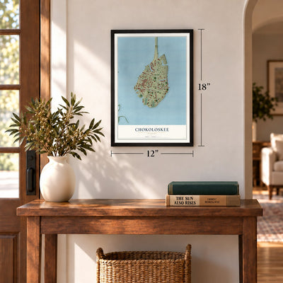 Chokoloskee, Florida map, 12 x 18 inch print in a black frame in an entryway