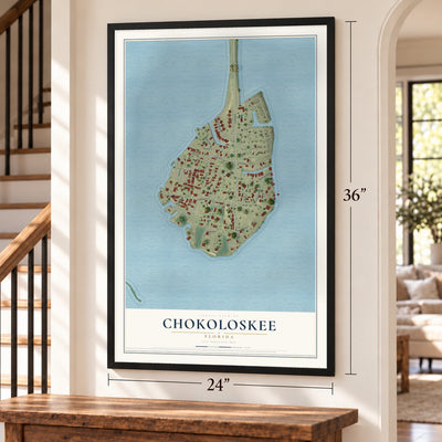 Chokoloskee, Florida map, 24 x 36 inch print in a black frame by a staircase
