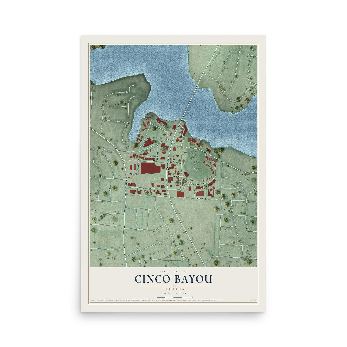 Cinco Bayou, Florida map print, 12" x 18" Archival Matte Print mockup