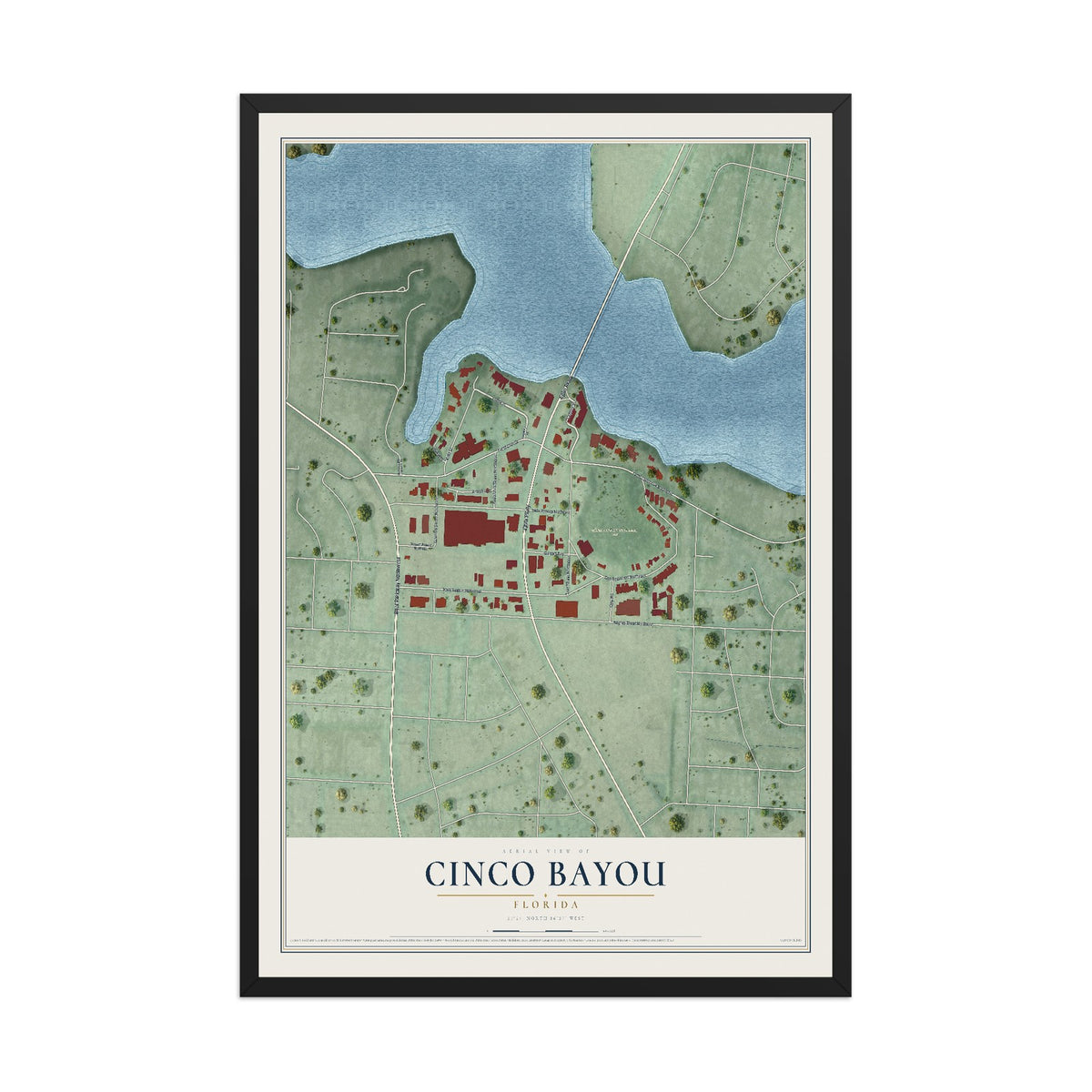 Cinco Bayou, Florida map print, 12" x 18" W/ Black Ayous Wood Frame mockup