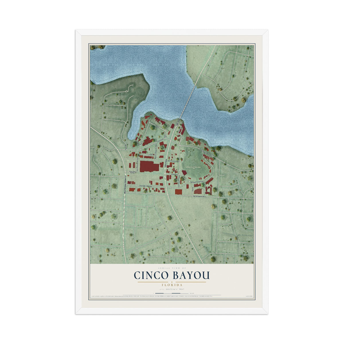 Cinco Bayou, Florida map print, 12" x 18" W/ White Ayous Wood Frame mockup