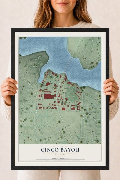 Cinco Bayou, Florida map print, 18" x 24" W/ Black Ayous Wood Frame mockup