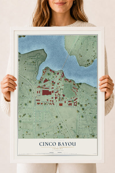 Cinco Bayou, Florida map print, 18" x 24" W/ White Ayous Wood Frame mockup