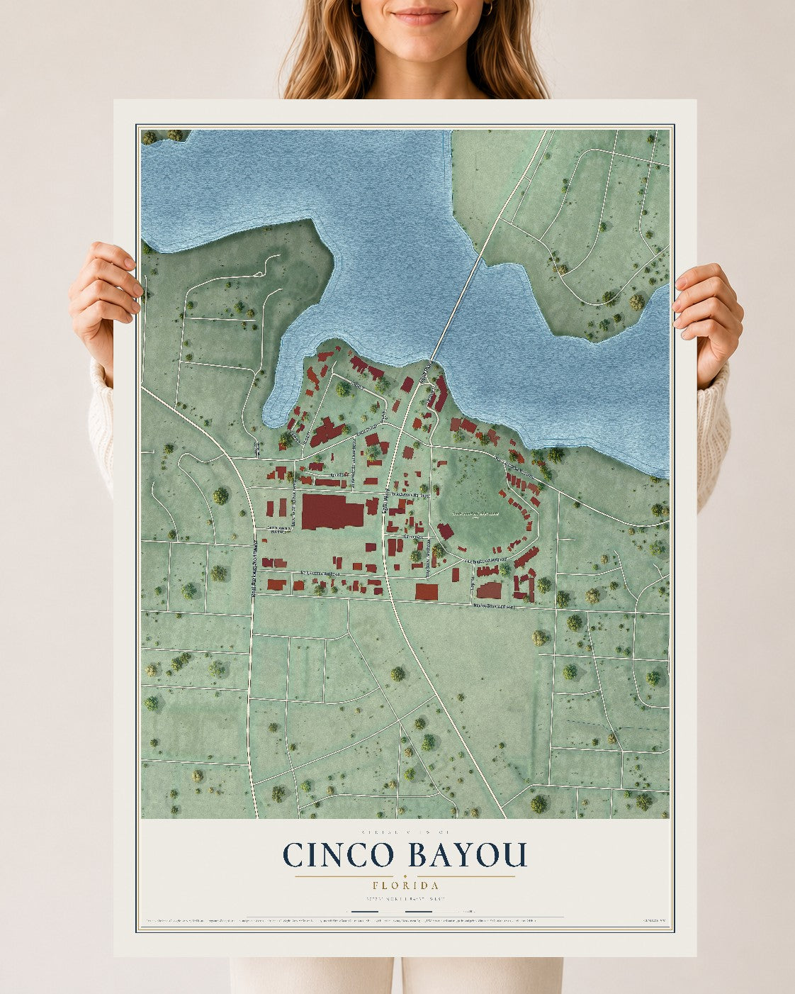 Cinco Bayou, Florida map print, 24" x 36" Archival Matte Print mockup