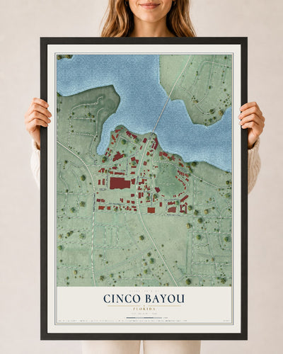 Cinco Bayou, Florida map print, 24" x 36" W/ Black Ayous Wood Frame mockup