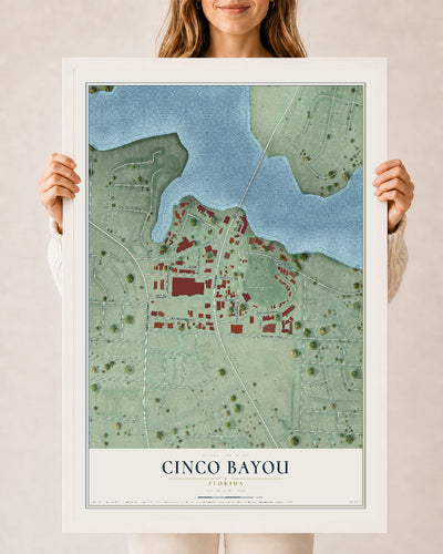 Cinco Bayou, Florida map print, 24" x 36" W/ White Ayous Wood Frame mockup