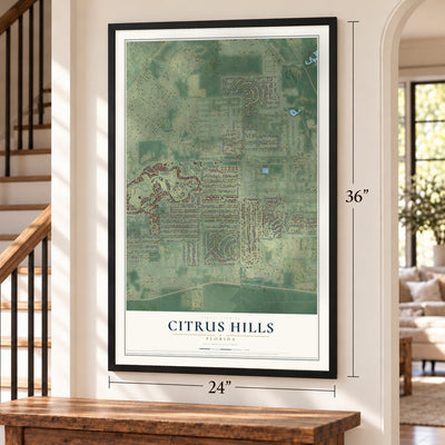 Citrus Hills, Florida map, 24 x 36 inch print in a black frame by a staircase