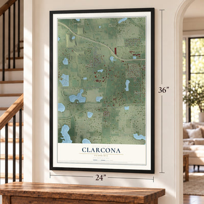 Clarcona, Florida map, 24 x 36 inch print in a black frame by a staircase