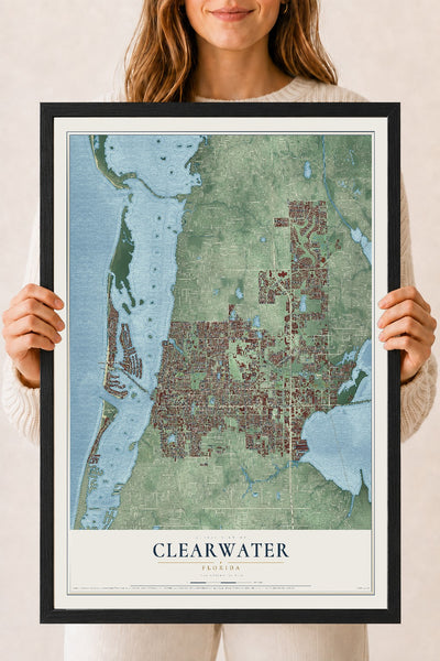 Clearwater, Florida map print, 18" x 24" W/ Black Ayous Wood Frame mockup