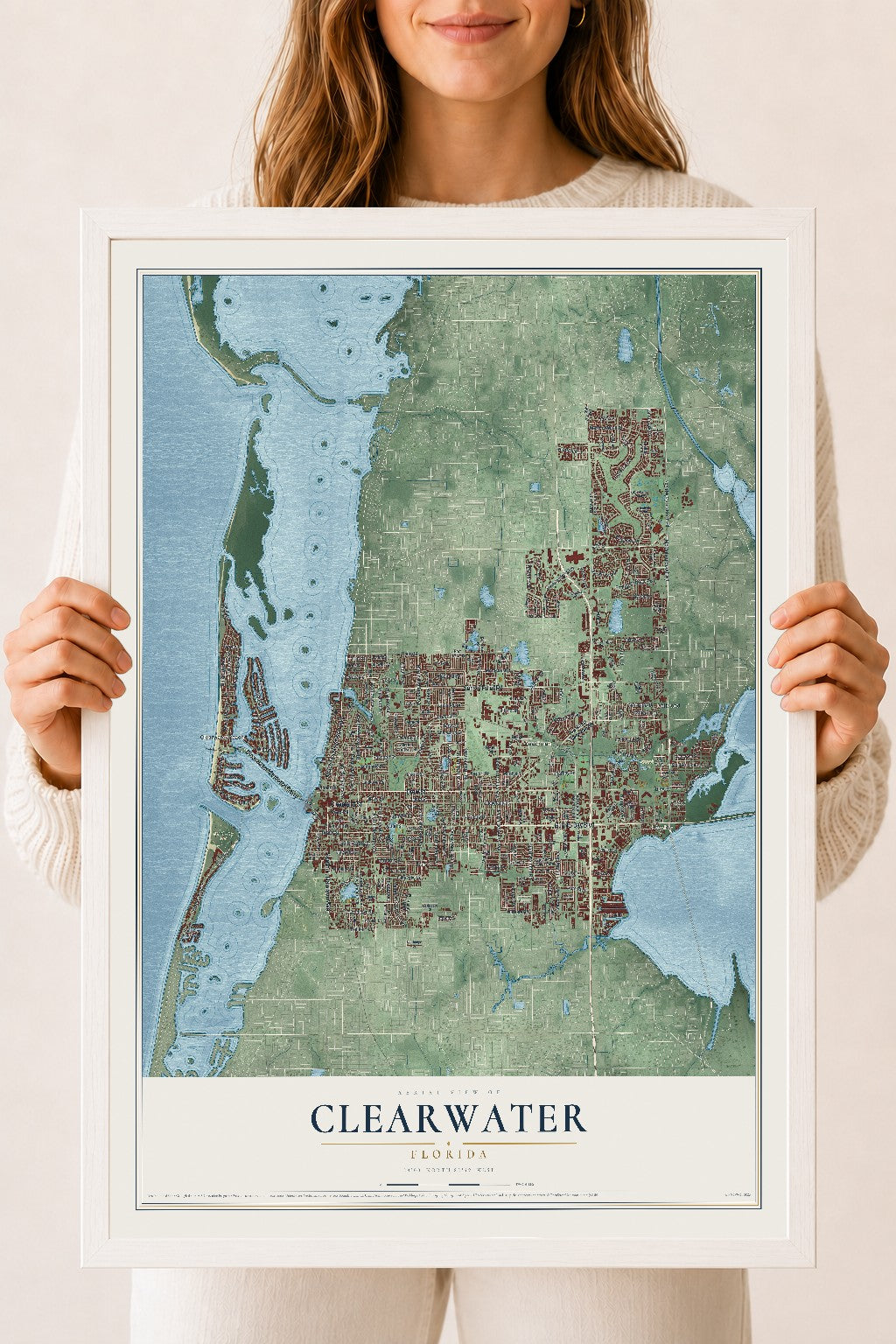 Clearwater, Florida map print, 18" x 24" W/ White Ayous Wood Frame mockup