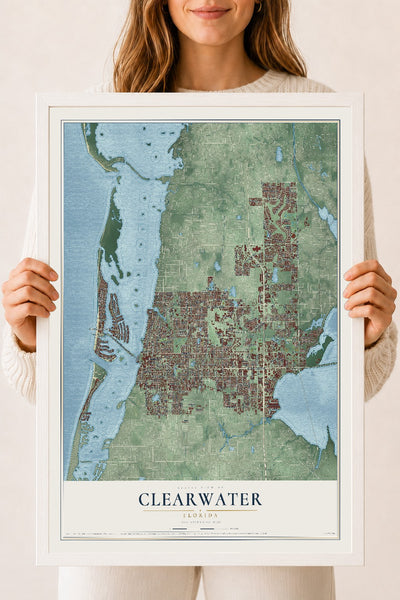 Clearwater, Florida map print, 18" x 24" W/ White Ayous Wood Frame mockup