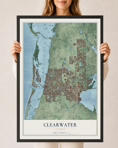 Clearwater, Florida map print, 24" x 36" W/ Black Ayous Wood Frame mockup