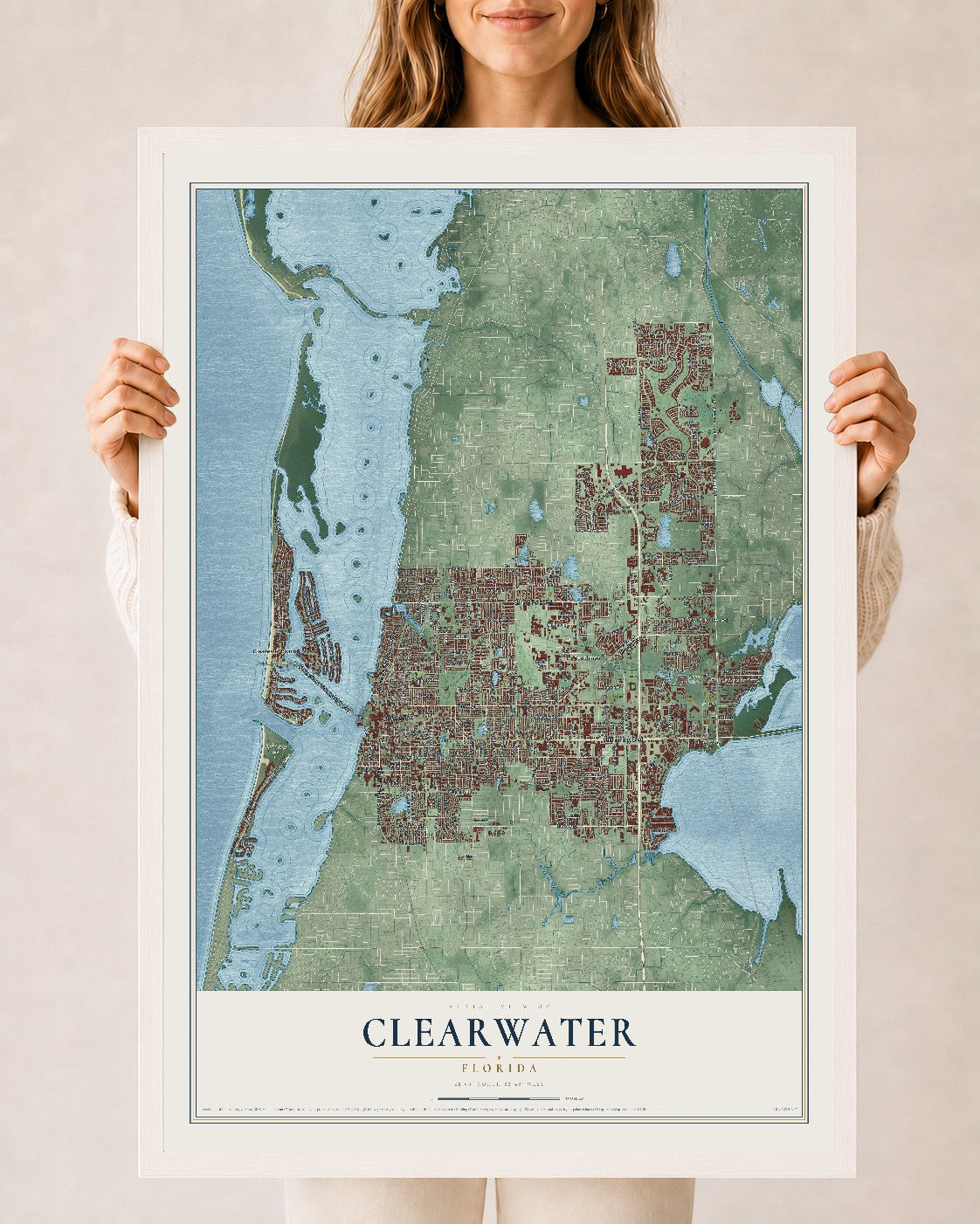 Clearwater, Florida map print, 24" x 36" W/ White Ayous Wood Frame mockup