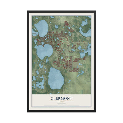 Clermont, Florida map print, 12" x 18" W/ Black Ayous Wood Frame mockup