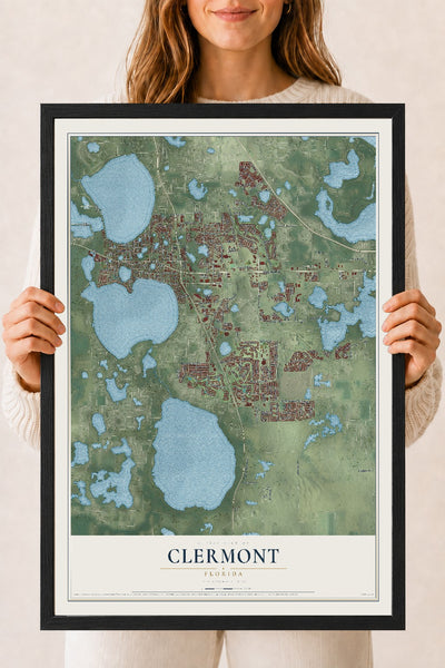 Clermont, Florida map print, 18" x 24" W/ Black Ayous Wood Frame mockup