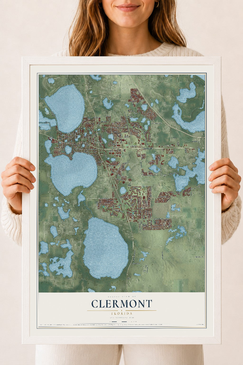 Clermont, Florida map print, 18" x 24" W/ White Ayous Wood Frame mockup