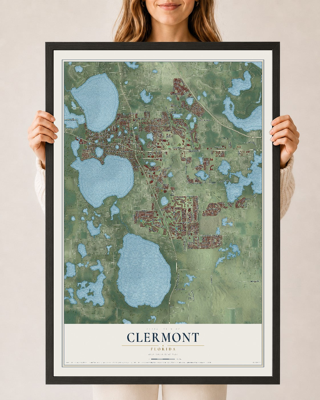 Clermont, Florida map print, 24" x 36" W/ Black Ayous Wood Frame mockup
