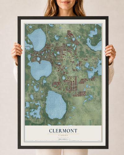 Clermont, Florida map print, 24" x 36" W/ Black Ayous Wood Frame mockup