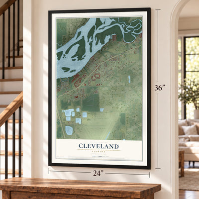 Cleveland, Florida map, 24 x 36 inch print in a black frame by a staircase